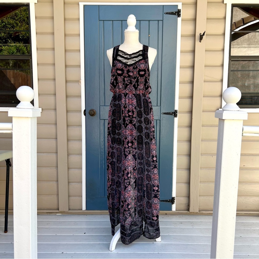 Free People Black and Pink Boho Lace-Trim Maxi Dress Women Size 4